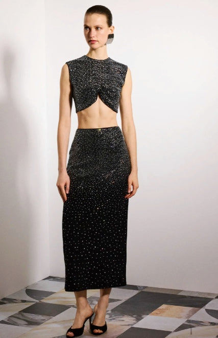 Kira Crystal Velvet Maxi Skirt Black & Crystal