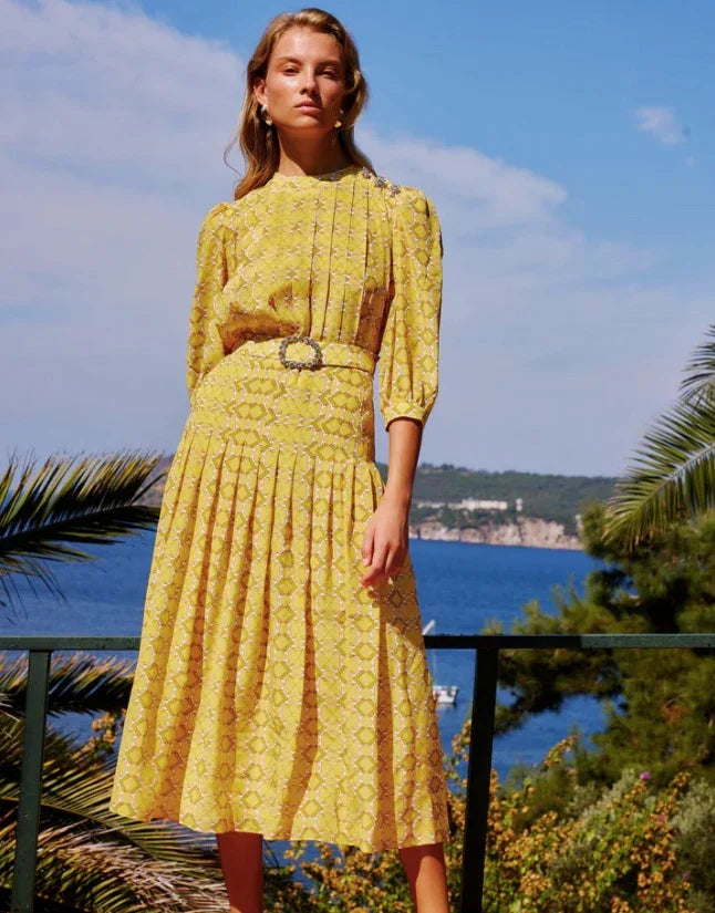 Maya Pleated Silk Dress | Yellow