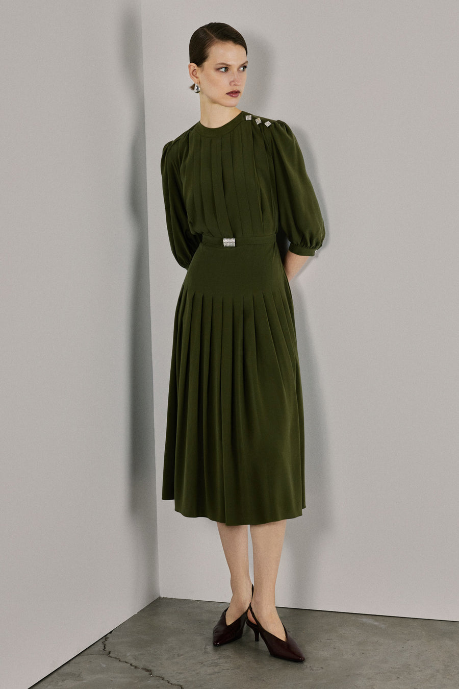 Maya Pleated Silk Dress | Khaki