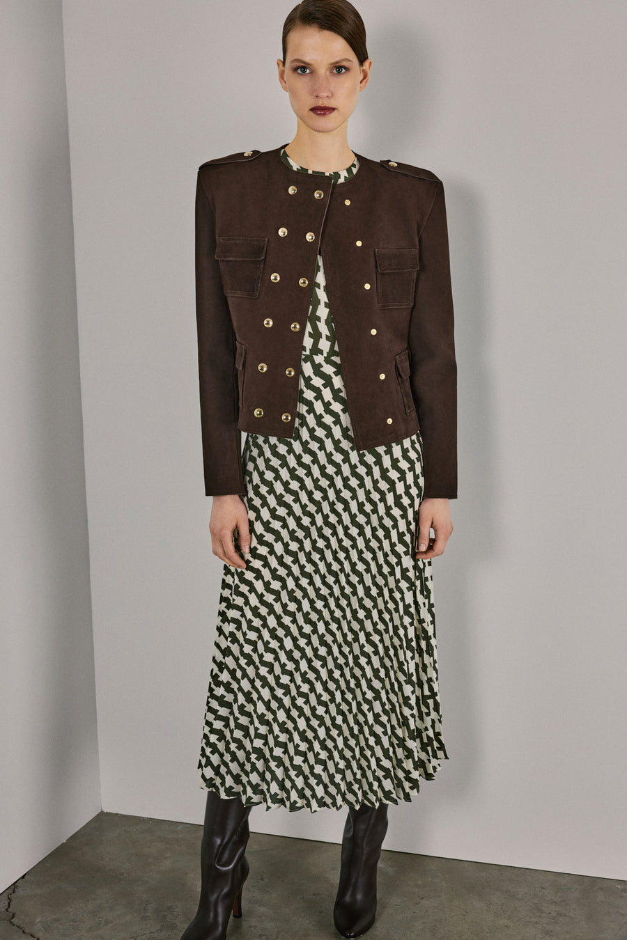Bella Pleated Silk Dress | Khaki & White