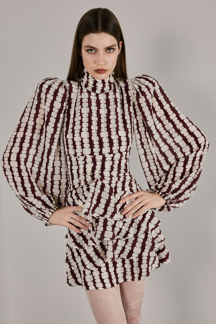 Faye Highneck Mini Silk Dress Brown & White