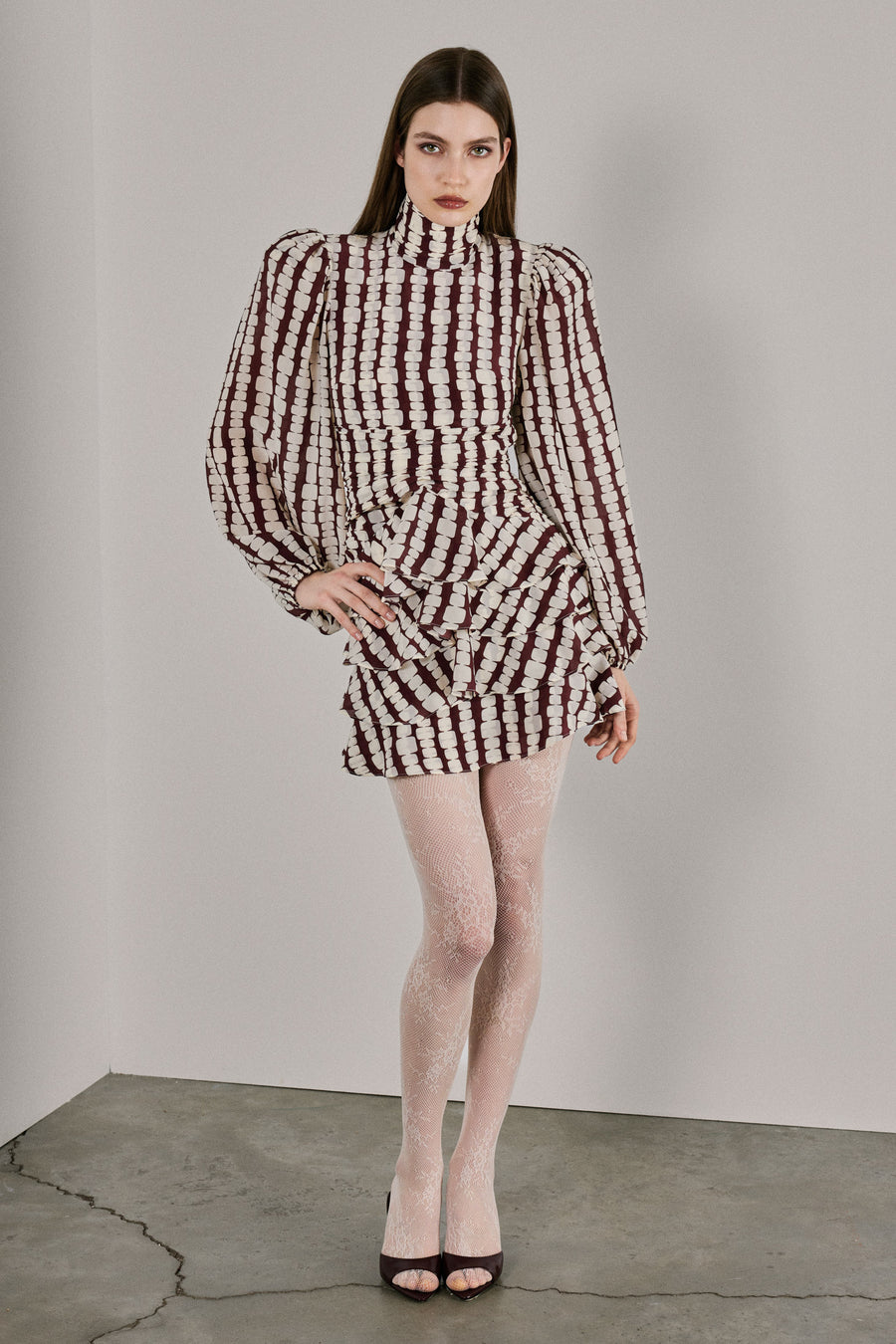 Faye Highneck Mini Silk Dress Brown & White