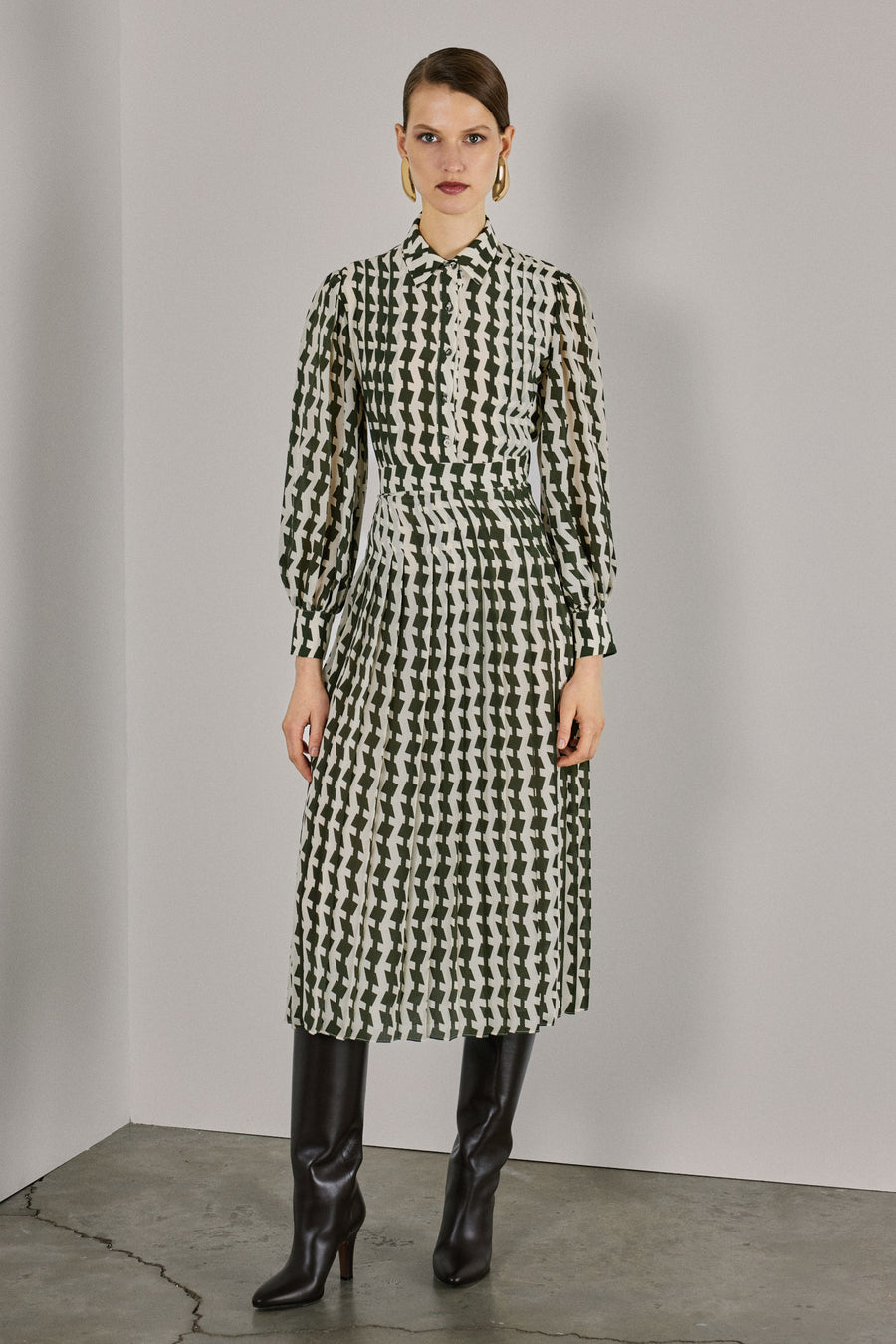 Emma Pleated Silk Dress | Khaki & White