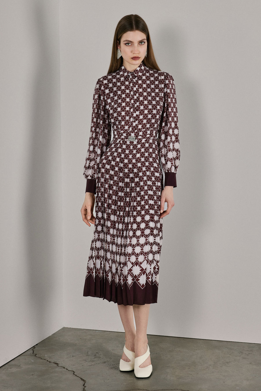 Emma Pleated Silk Dress Burgundy & White