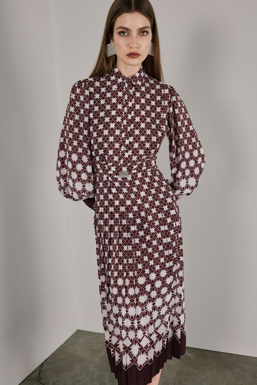 Emma Pleated Silk Dress Burgundy & White