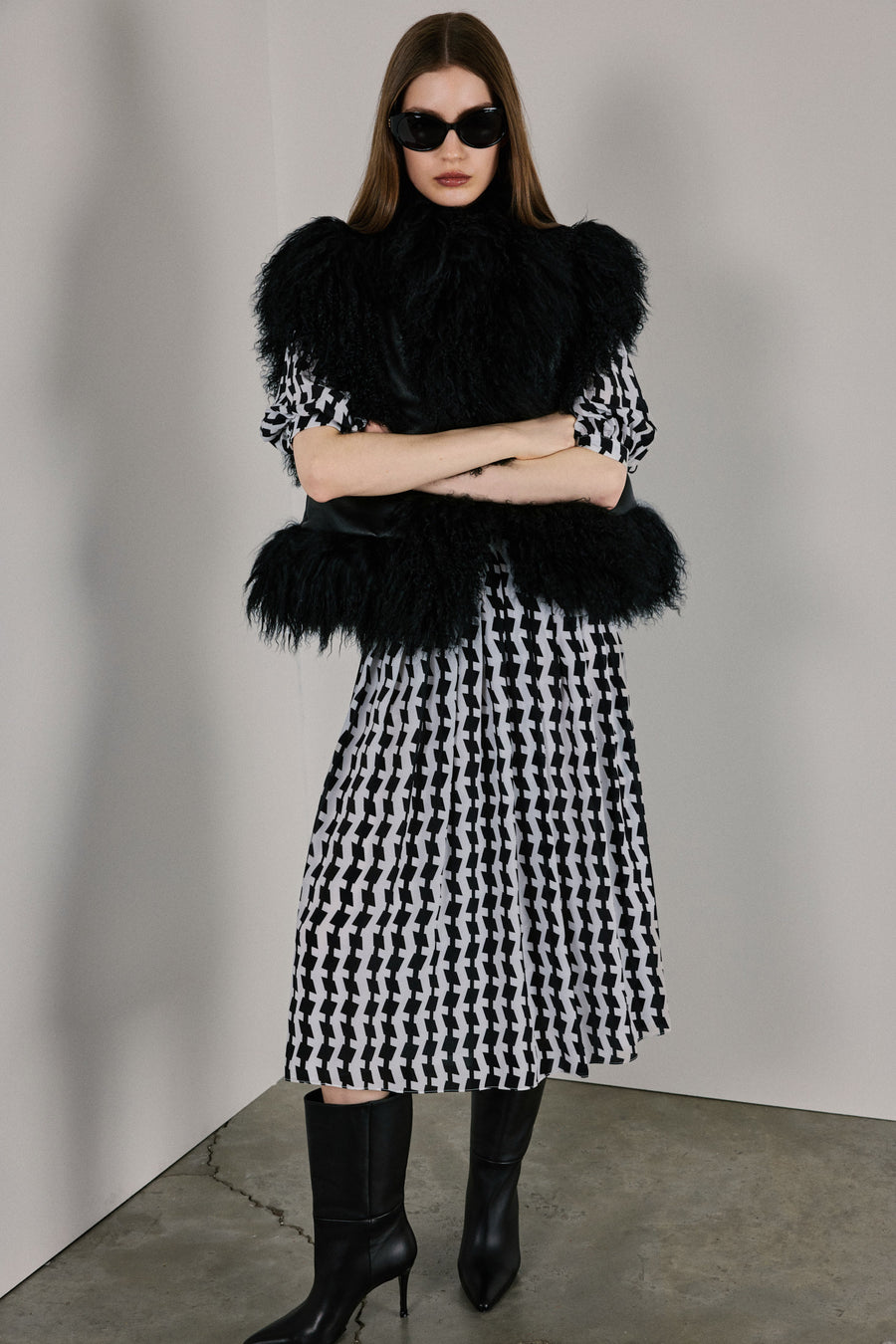 Maya Pleated Silk Dress | Black & White