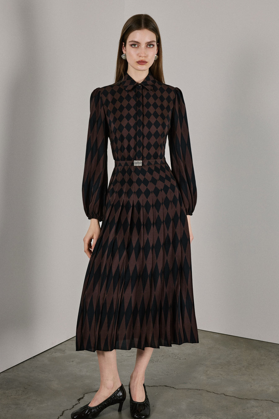 Anna Pleated Silk Dress Brown & Black