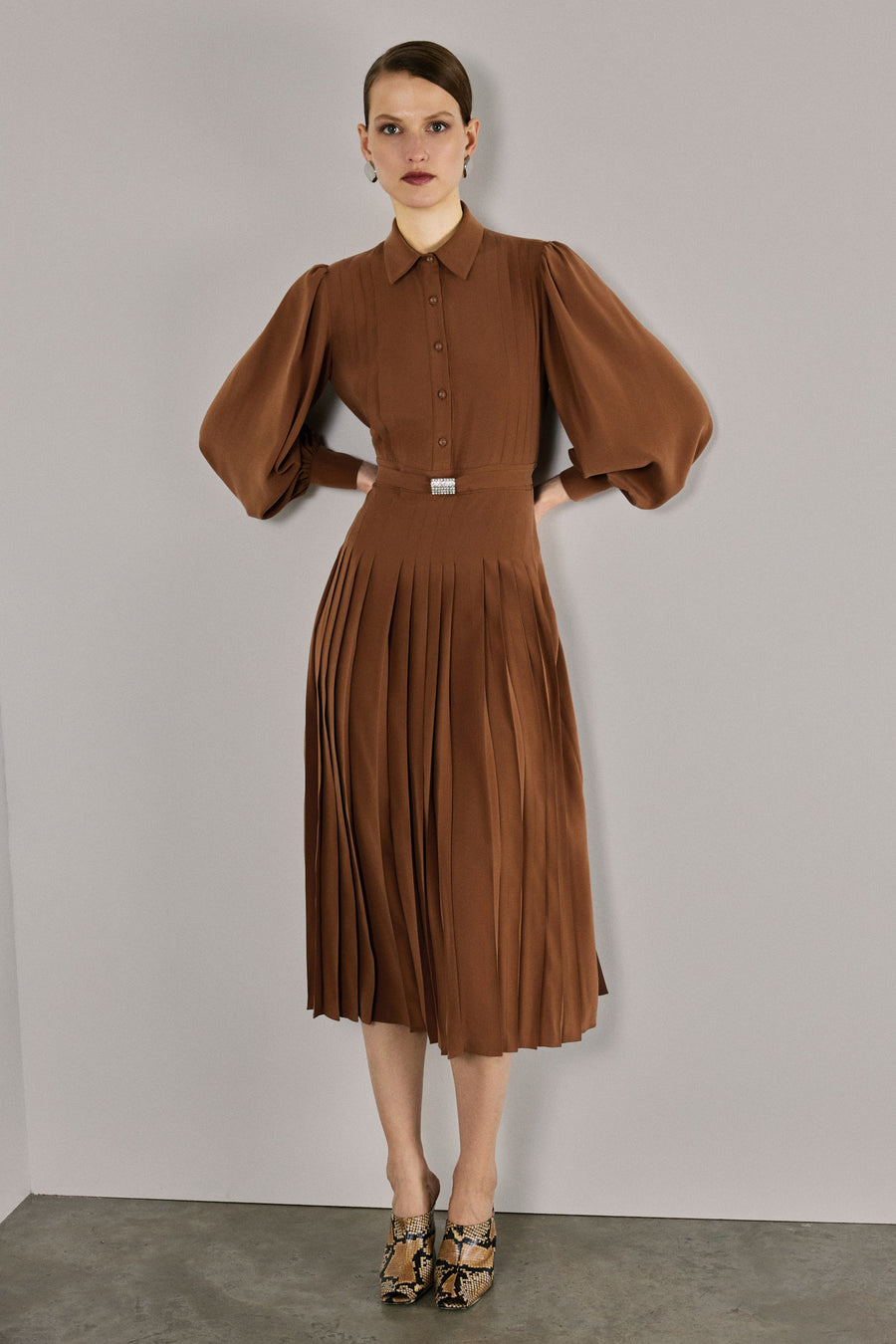 Emma Pleated Silk Dress | Brown