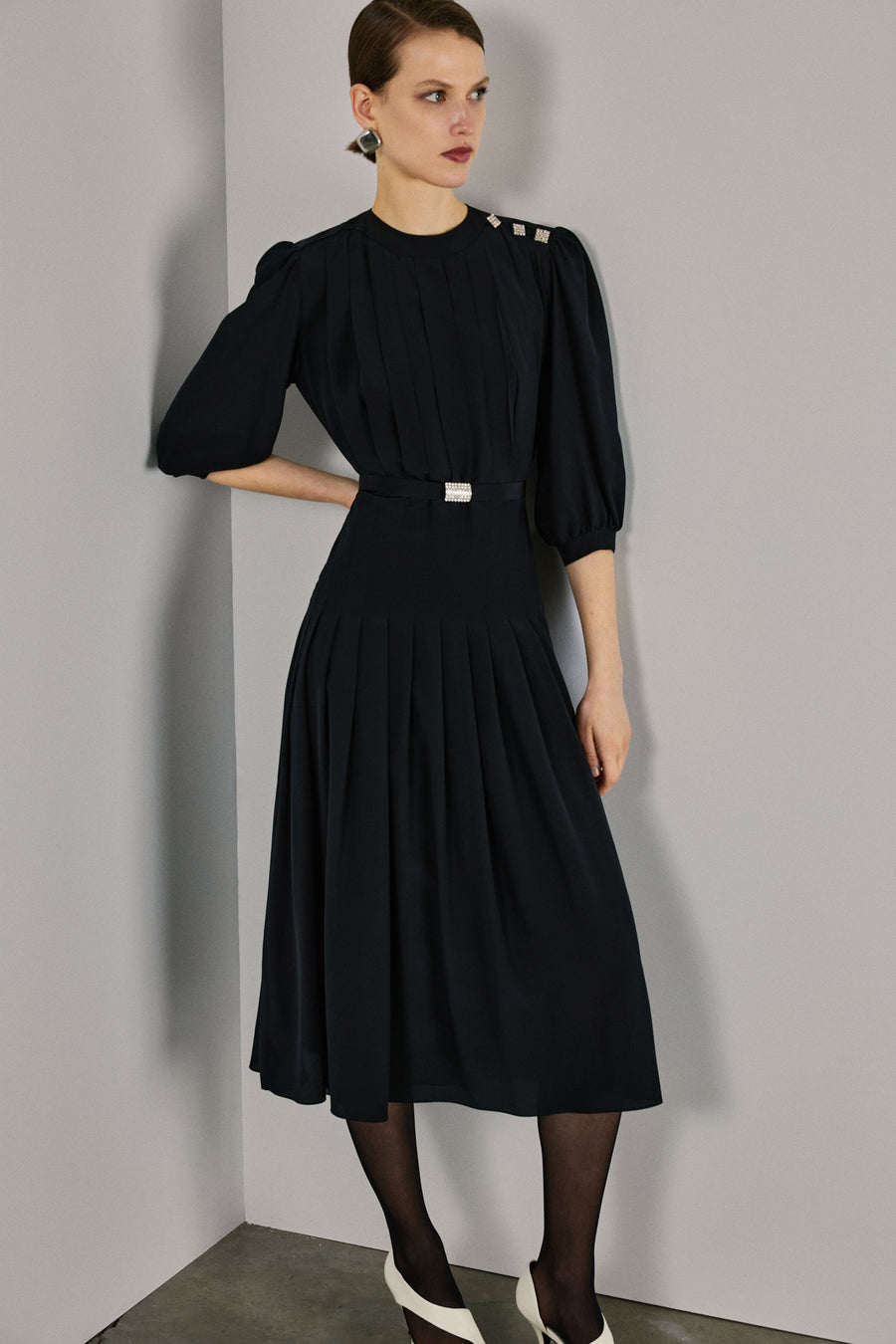 Maya Pleated Silk Dress | Black