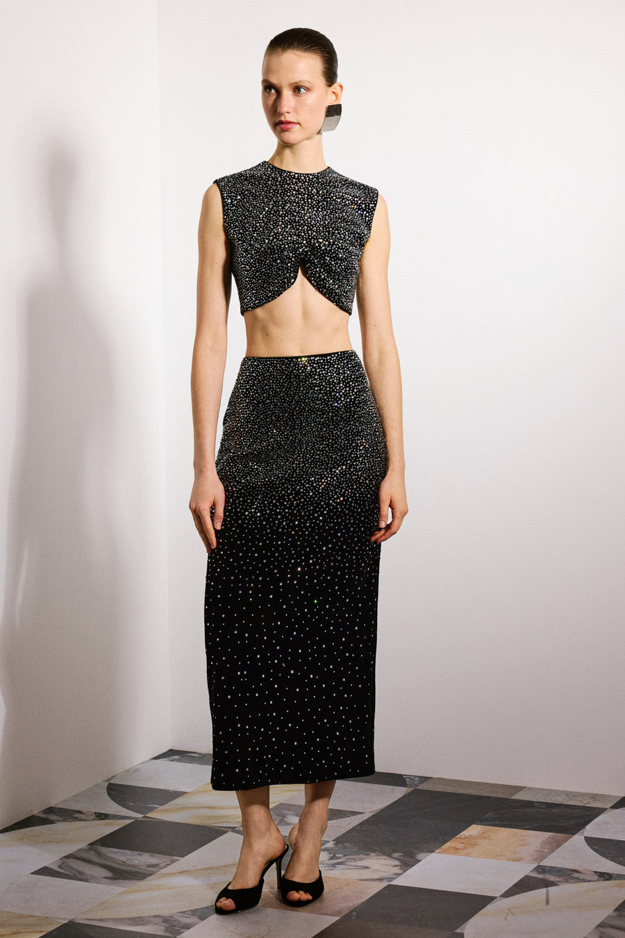 Kira Crystal Velvet Maxi Skirt Black & Crystal