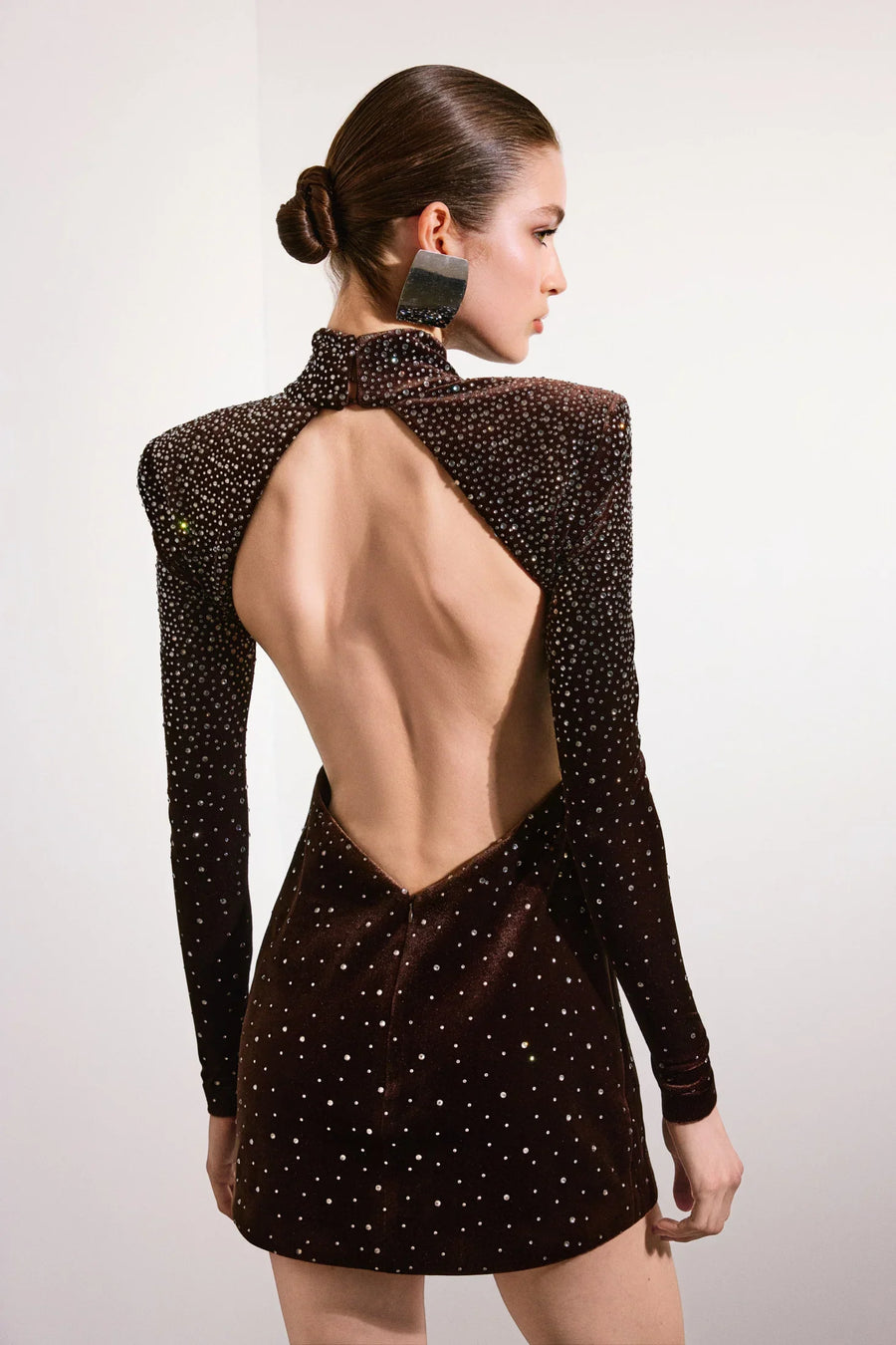Zayla Crystal Backless Velvet Mini Dress | Brown & Crystal