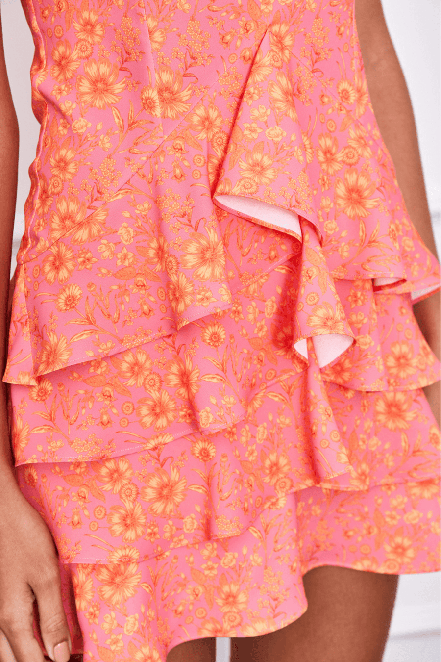 Camellia Puff Sleeve Dress (Orange/Pink) - Mergim