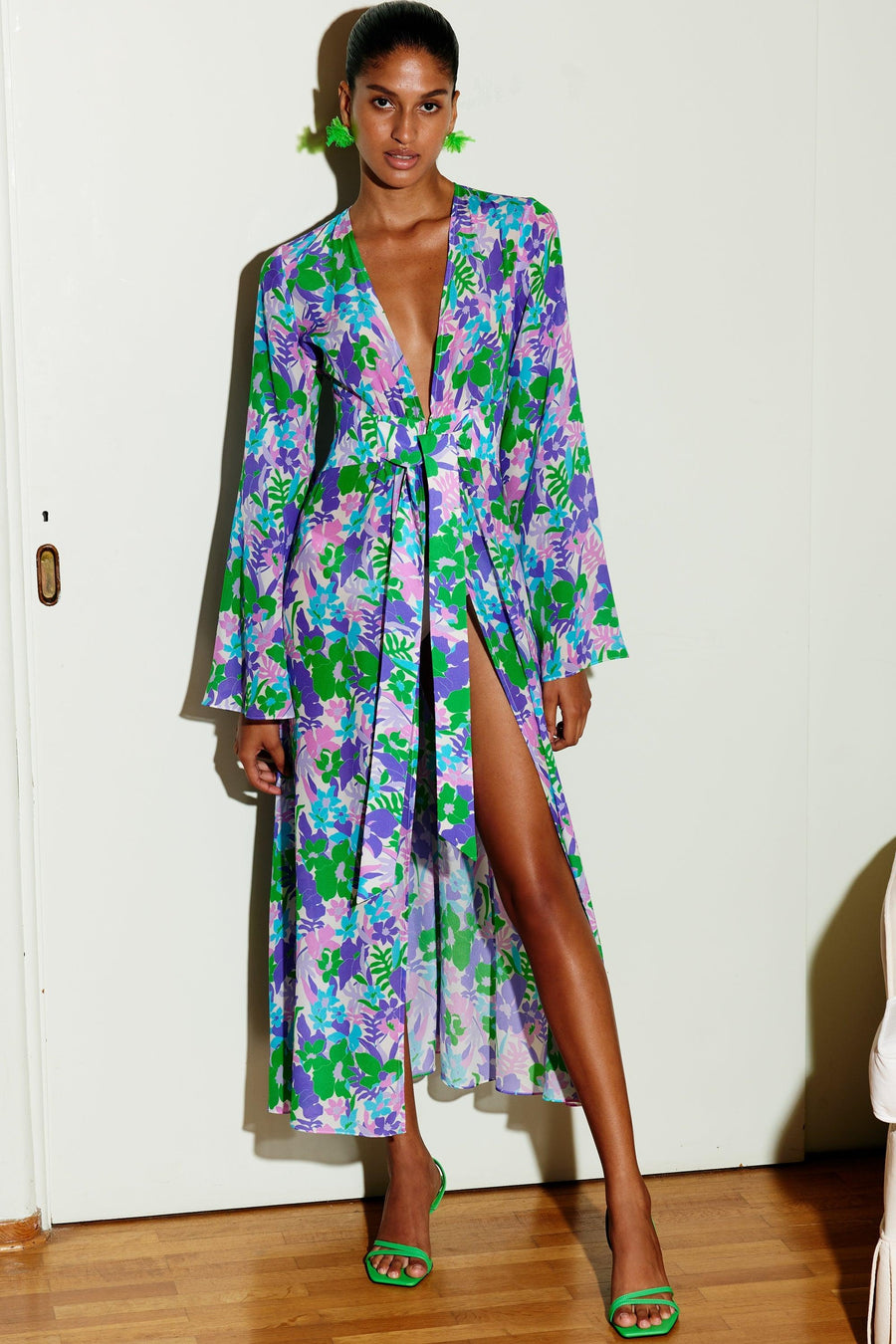 Carmellia Maxi Silk Kimono | Violet & Green