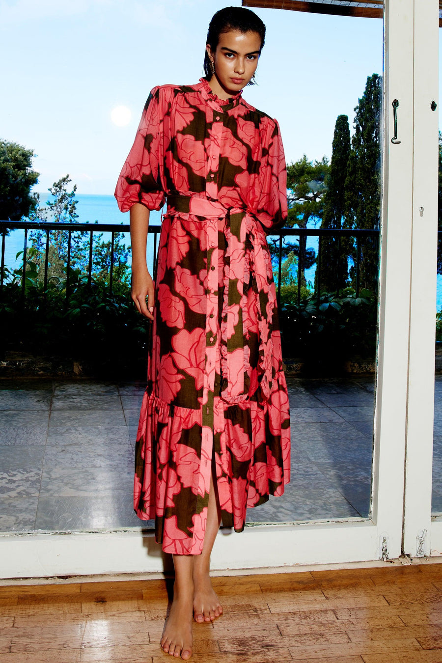 Jasmine Maxi Silk Cotton Dress | Khaki & Pink - Mergim