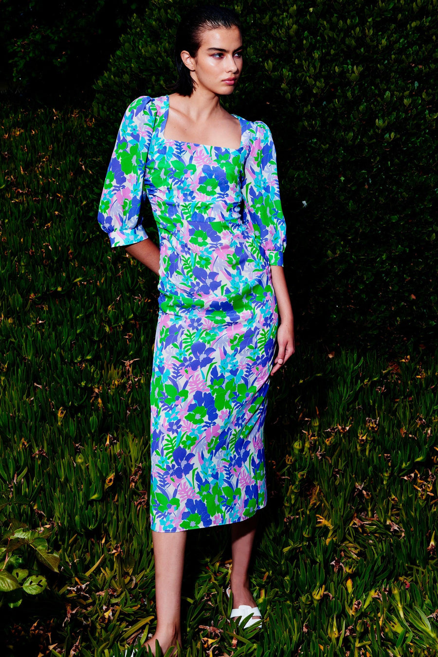 Anabel Puff Sleeve Silk Dress | Violet & Green - Mergim