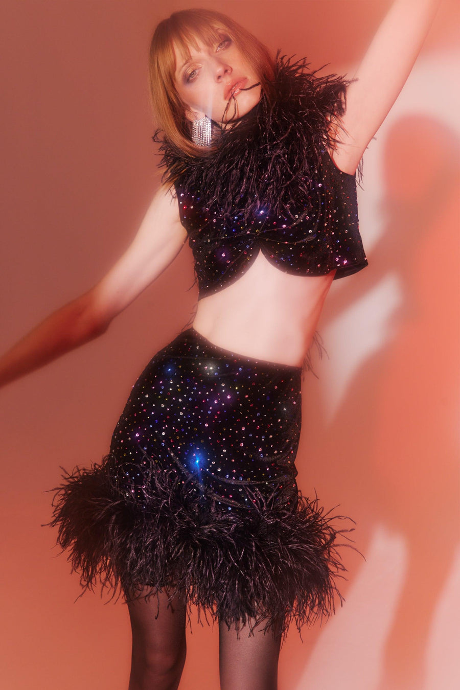 Kira Crystal Mini Skirt With Feathers | Black - Mergim
