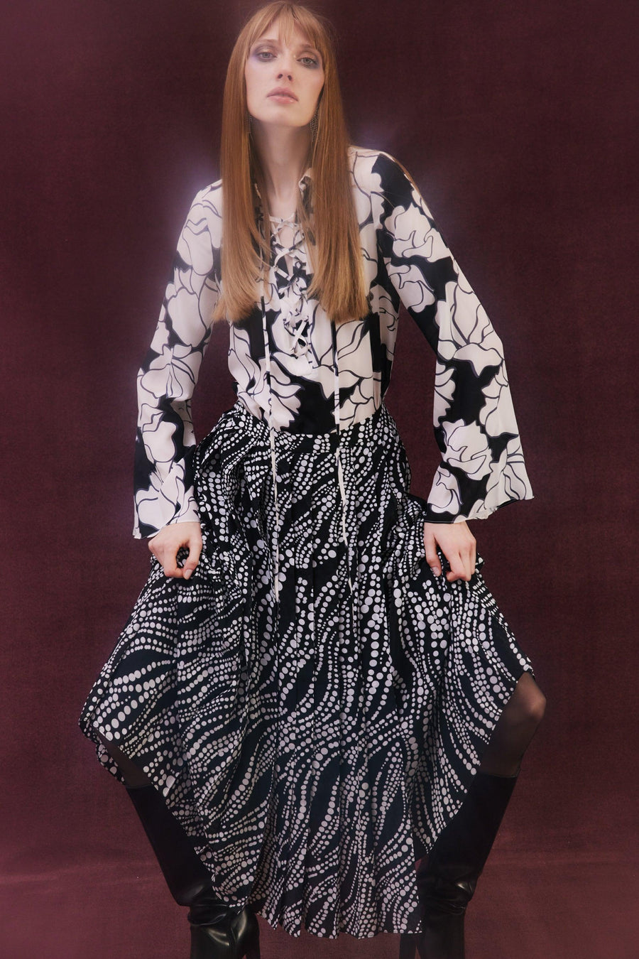 Reneta Silk Skirt | Black & White - Mergim