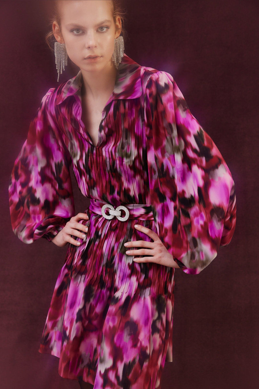 Keitha Mini Silk Dress | Burgundy & Pink - Mergim