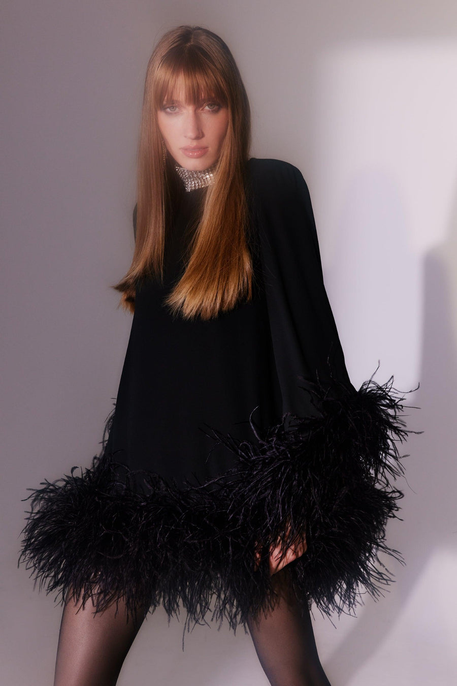 Laticia Dress With Feathers | Black - Mergim