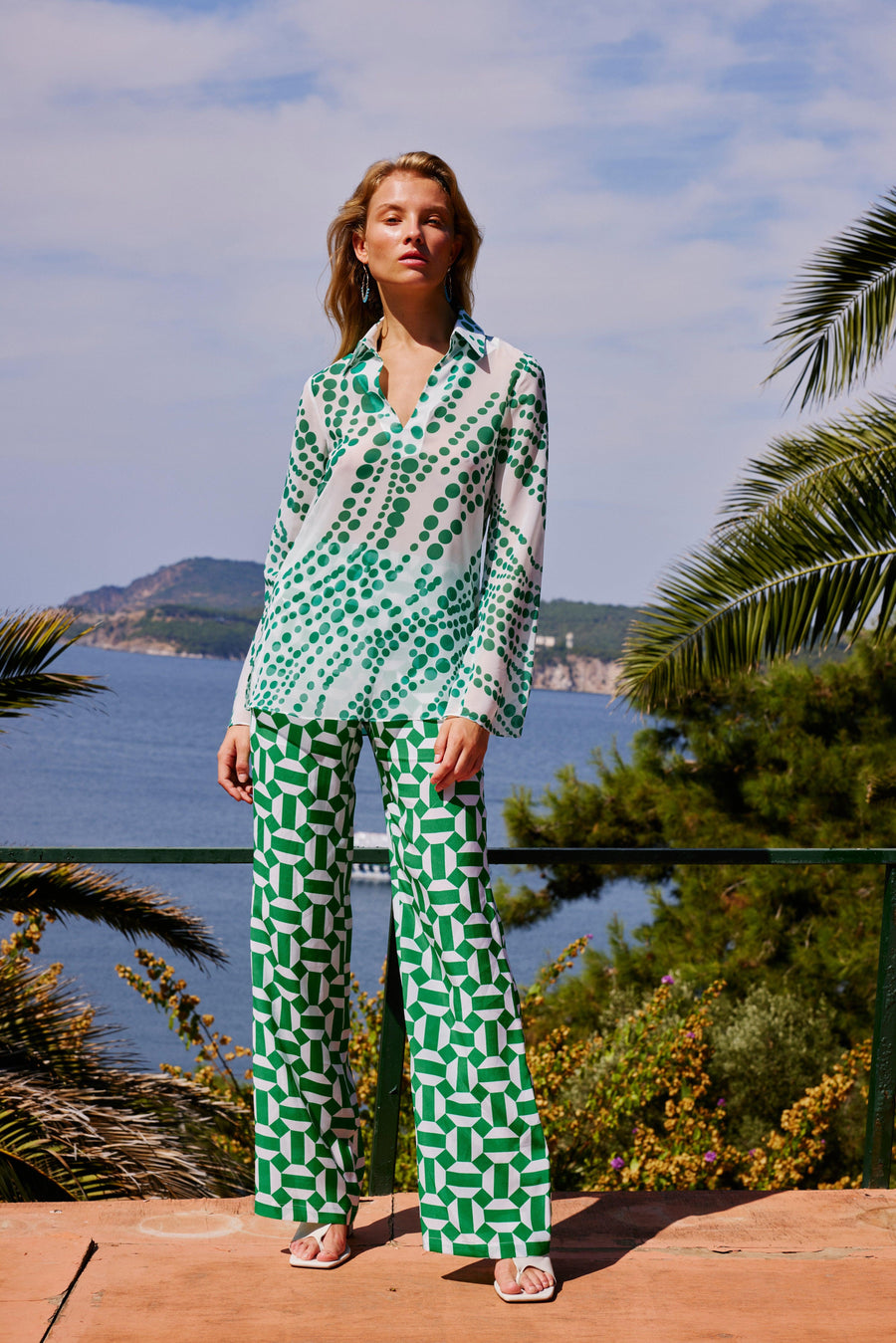 Amelia Silk Pants | White & Green