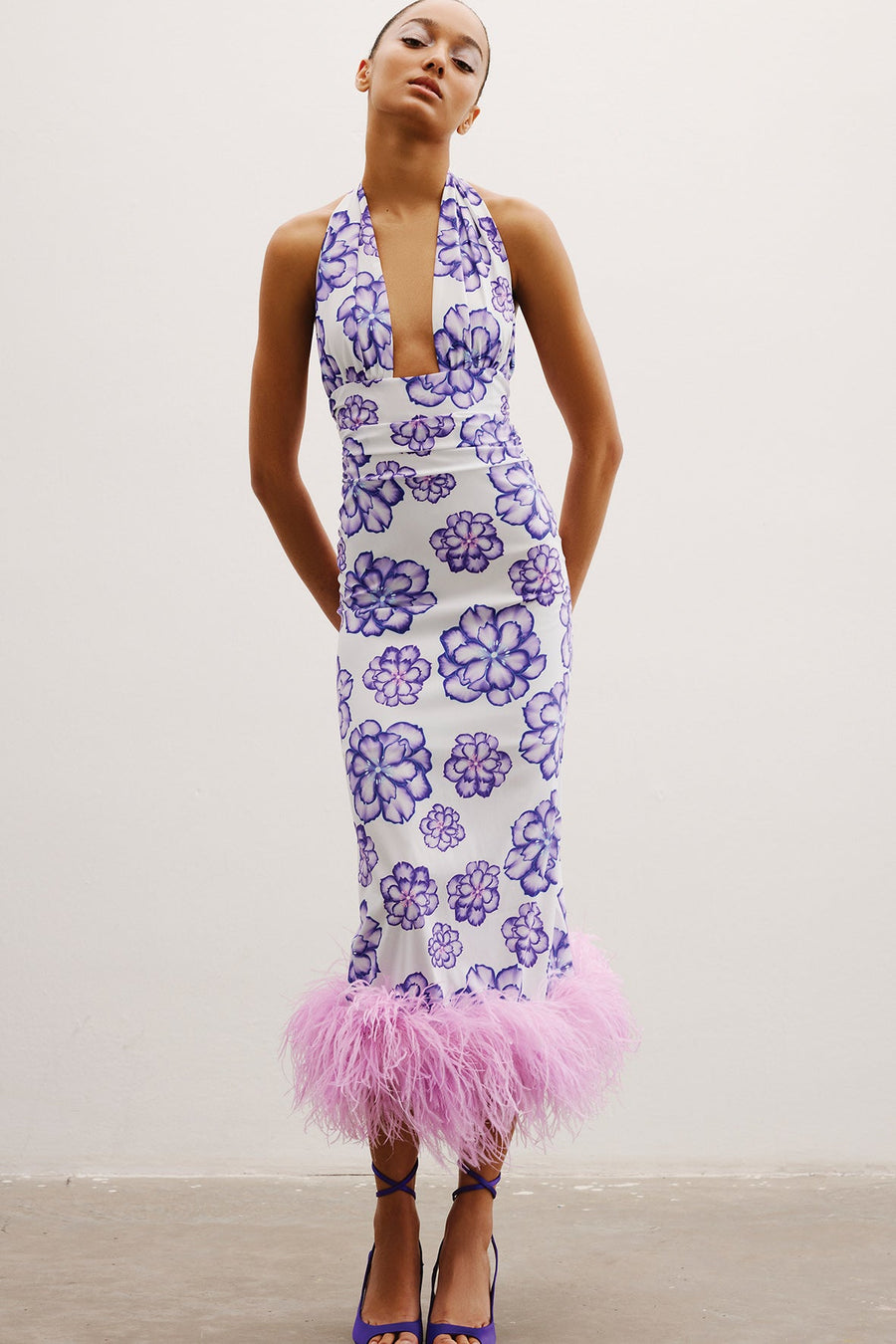 Naima Cotton Maxi Dress with Ostrich Feathers | Violet