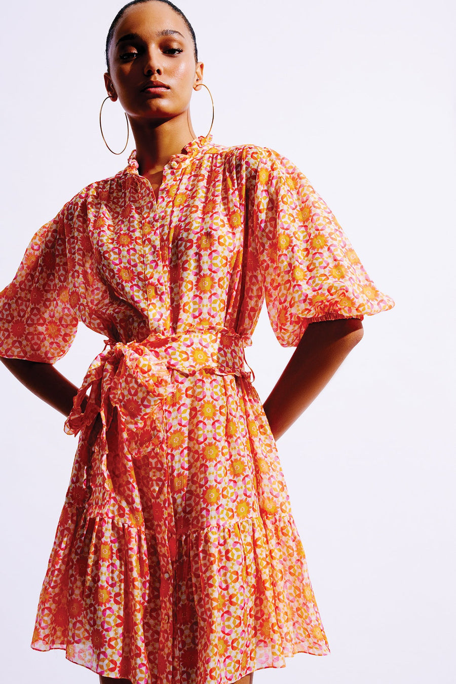 Jasmine Silk Cotton Mini Dress |Orange & Pink