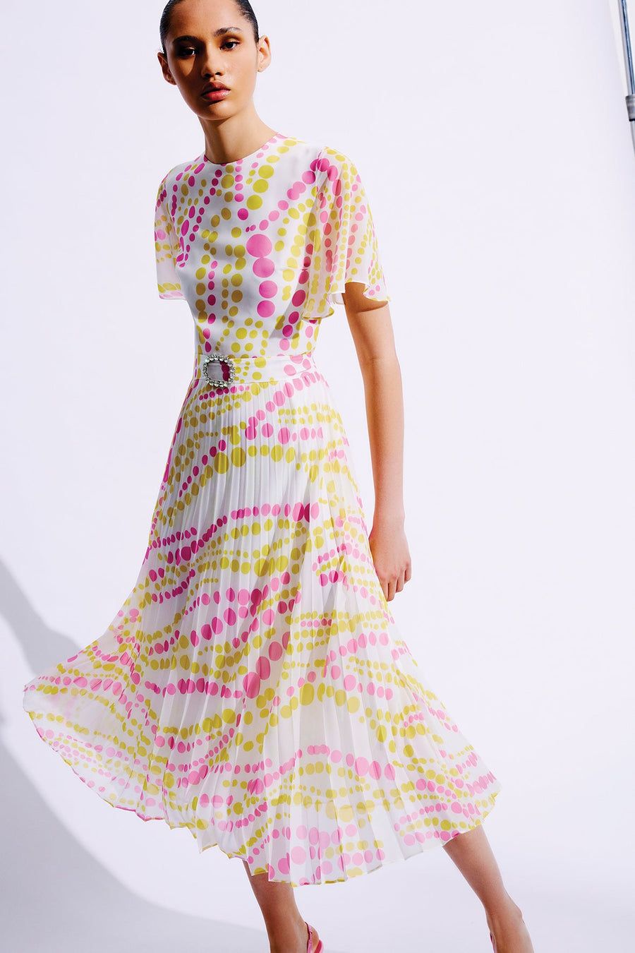 Bella Pleated Silk Dress | Pastel Pink & Yellow