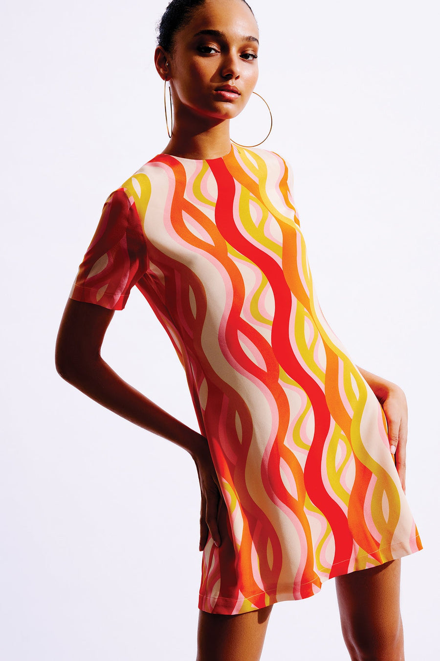 Paola Mini Silk Dress | Orange Waves