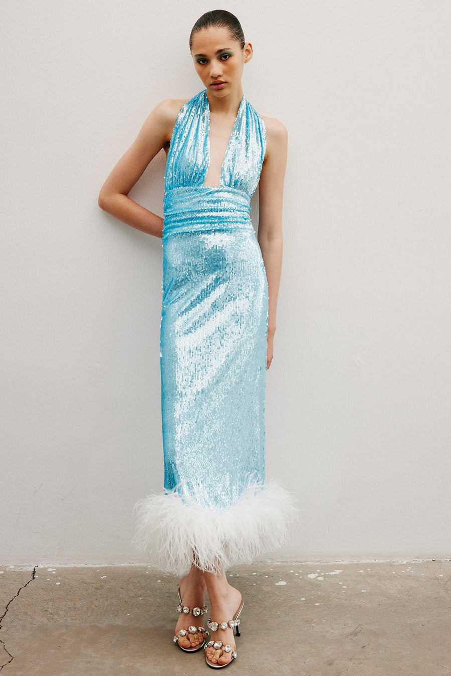 Naima Maxi Dress with Ostrich Feathers | Aqua Sequins