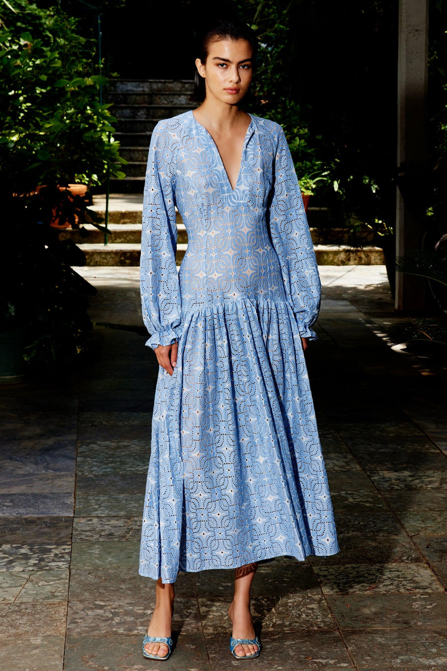 Jessica Maxi Cotton Lace Dress | Pastel Blue - Mergim